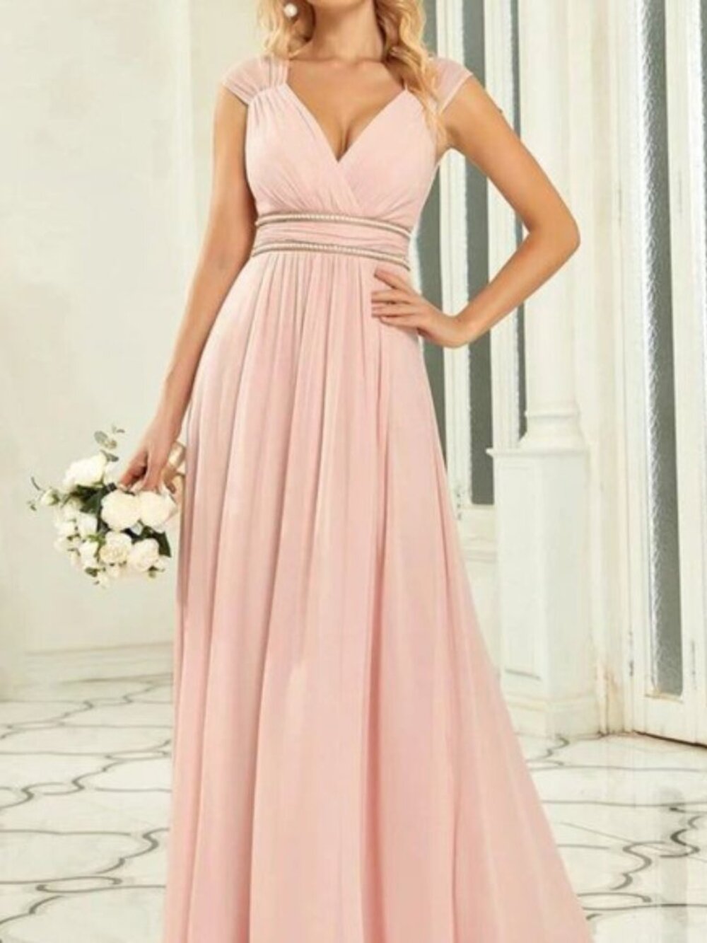 Ever-Pretty Womens V-Neck Sleeveless Beaded Belt Chiffon A-Line Evening Dress